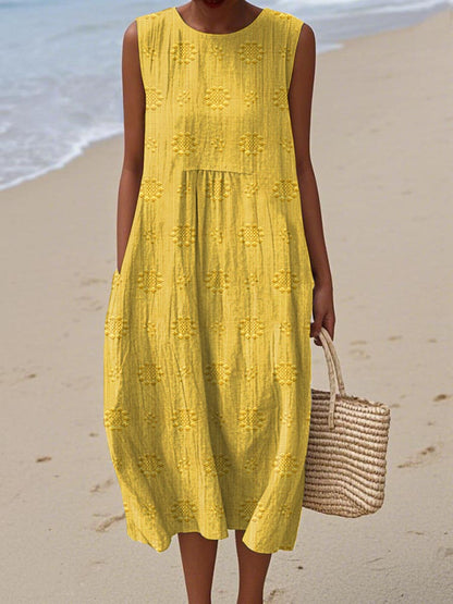 Thuraya Sleeveless A-Line Midi Dress with Round Neck