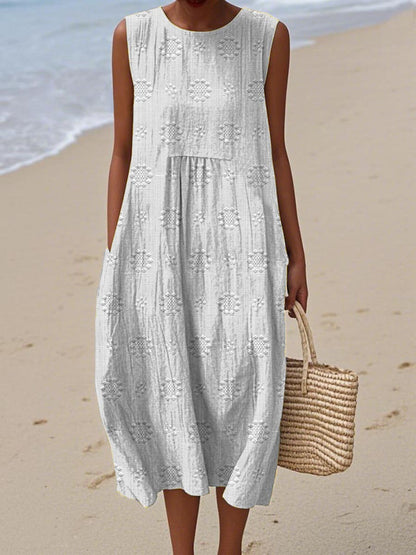Thuraya Sleeveless A-Line Midi Dress with Round Neck