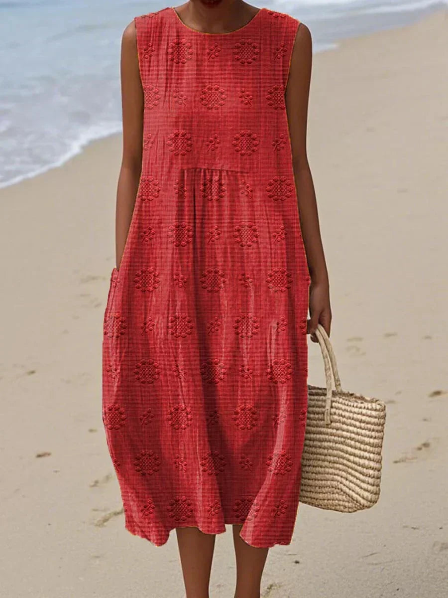 Thuraya Sleeveless A-Line Midi Dress with Round Neck