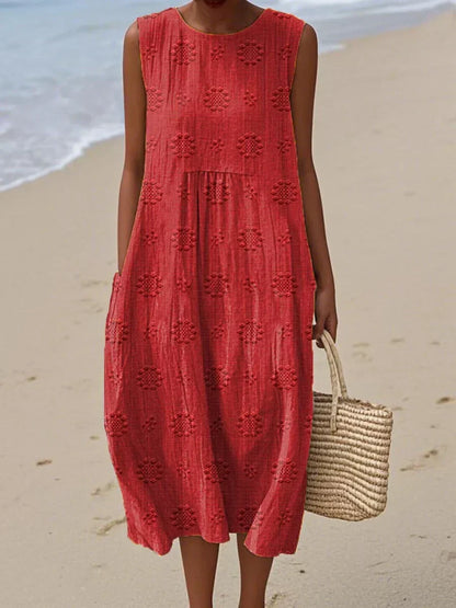 Thuraya Sleeveless A-Line Midi Dress with Round Neck