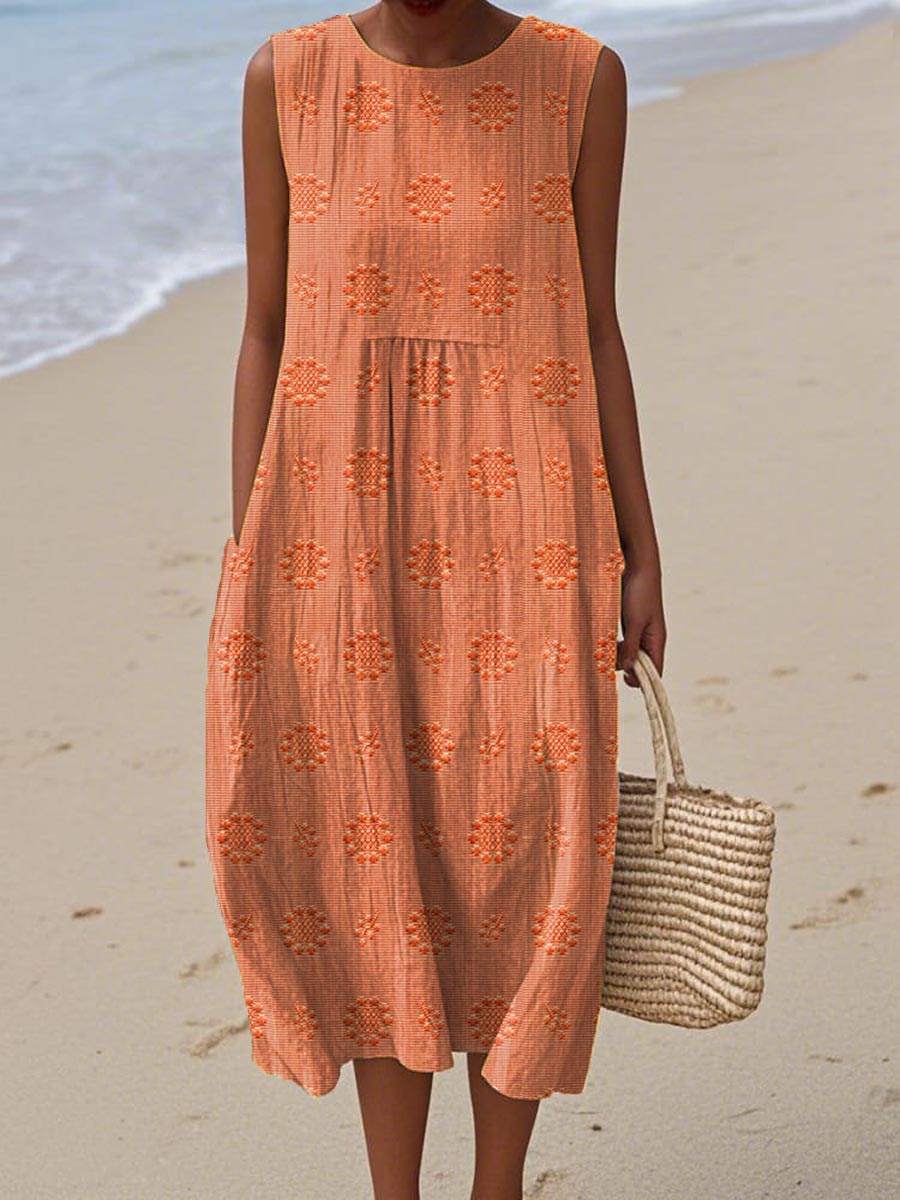 Thuraya Sleeveless A-Line Midi Dress with Round Neck