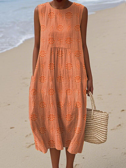 Thuraya Sleeveless A-Line Midi Dress with Round Neck