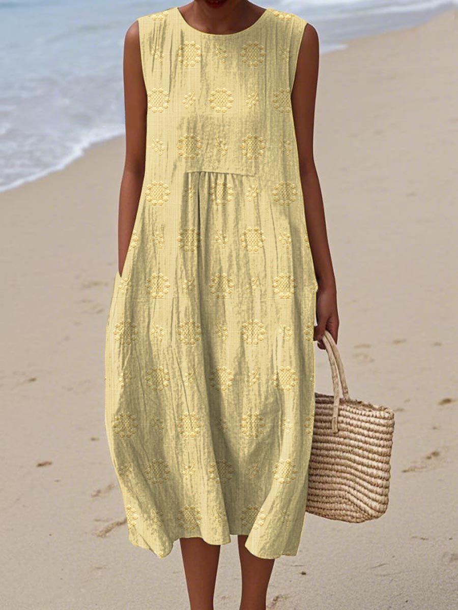Thuraya Sleeveless A-Line Midi Dress with Round Neck