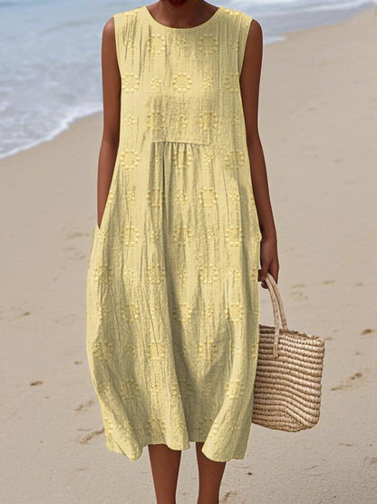 Thuraya Sleeveless A-Line Midi Dress with Round Neck