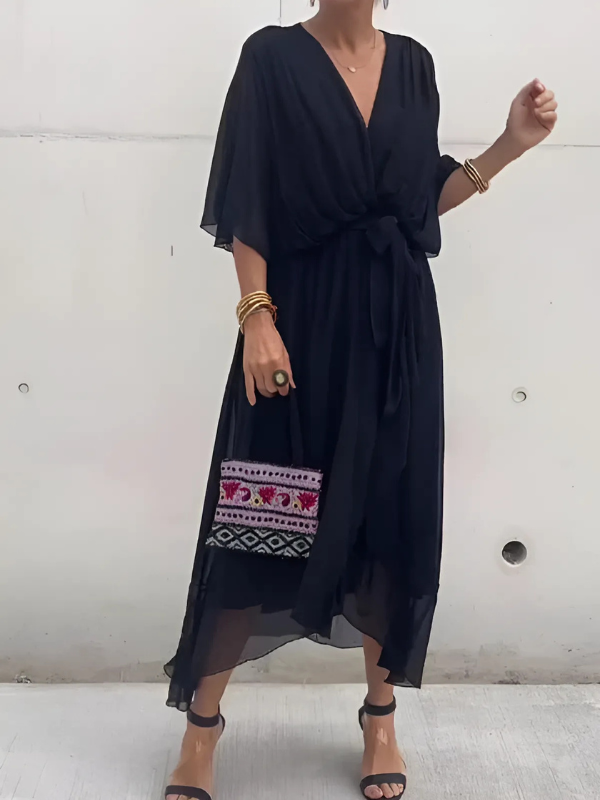 Ayako Flutter Sleeve Midi Dress with V-Neck and Belt