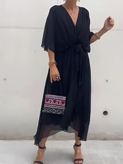 Ayako Flutter Sleeve Midi Dress with V-Neck and Belt