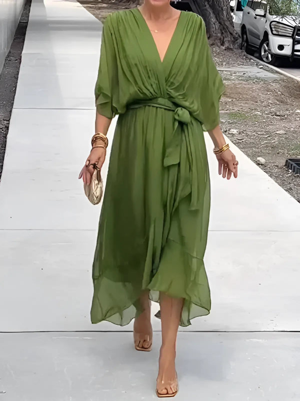 Ayako Flutter Sleeve Midi Dress with V-Neck and Belt
