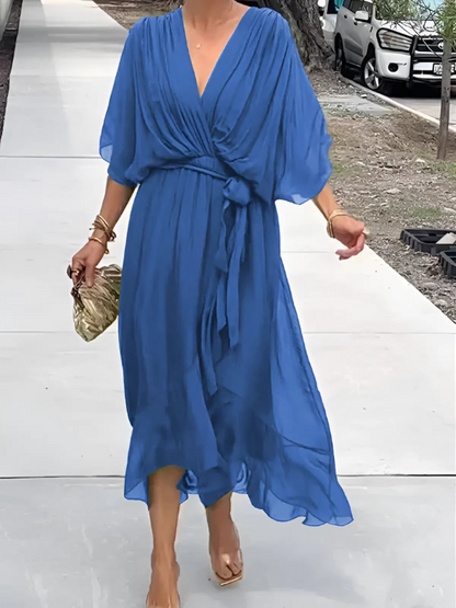 Ayako Flutter Sleeve Midi Dress with V-Neck and Belt