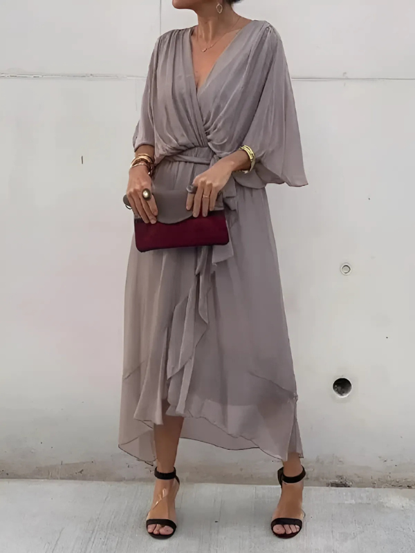 Ayako Flutter Sleeve Midi Dress with V-Neck and Belt