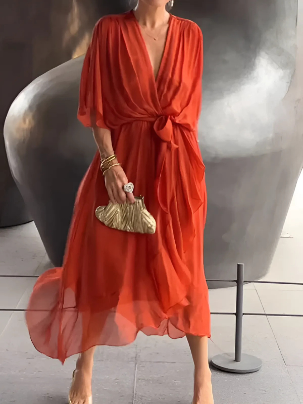 Ayako Flutter Sleeve Midi Dress with V-Neck and Belt