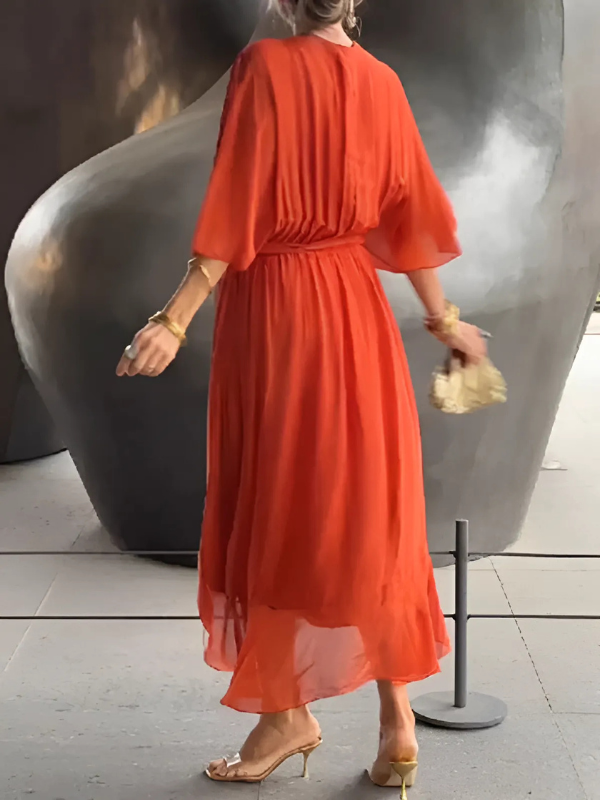 Ayako Flutter Sleeve Midi Dress with V-Neck and Belt
