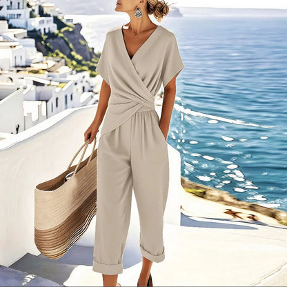 Tigist Wrap Jumpsuit Set with V-Neck and Short Sleeves