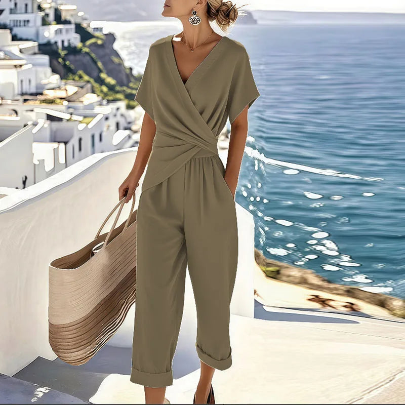 Tigist Wrap Jumpsuit Set with V-Neck and Short Sleeves