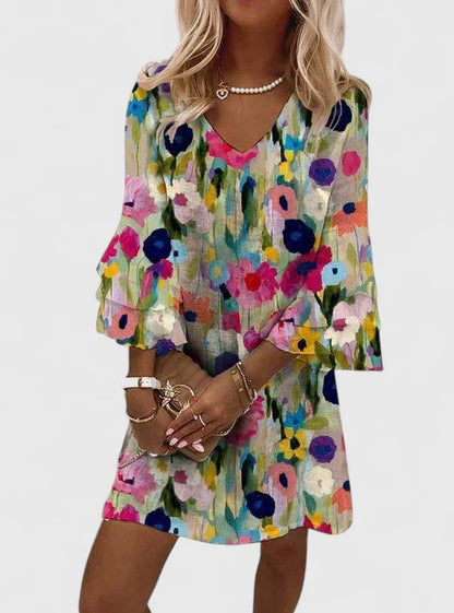 Zulmira Floral Dress with V-Neck and Bell Sleeves