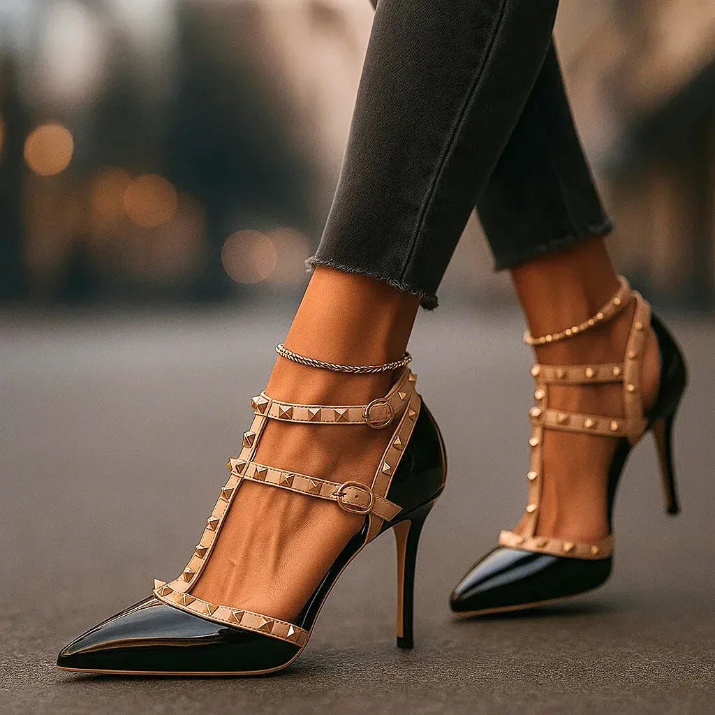 Dardane Studded Pointed Toe Ankle Strap Heels