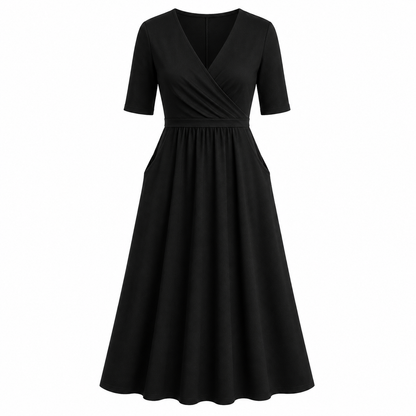 Camille Wrap Midi Dress with V-Neck & Pockets