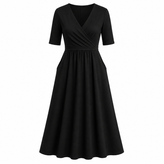 Camille Wrap Midi Dress with V-Neck & Pockets
