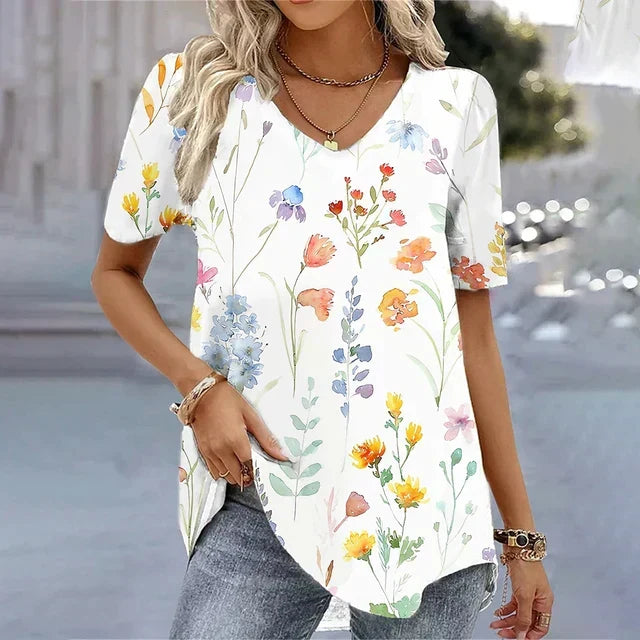 Chrysanthi Floral Top with V-Neck and Short Sleeves