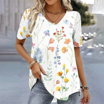 Chrysanthi Floral Top with V-Neck and Short Sleeves
