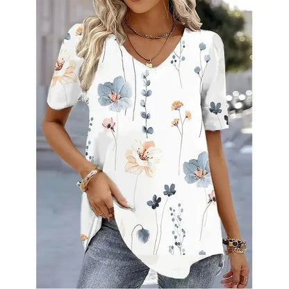 Chrysanthi Floral Top with V-Neck and Short Sleeves