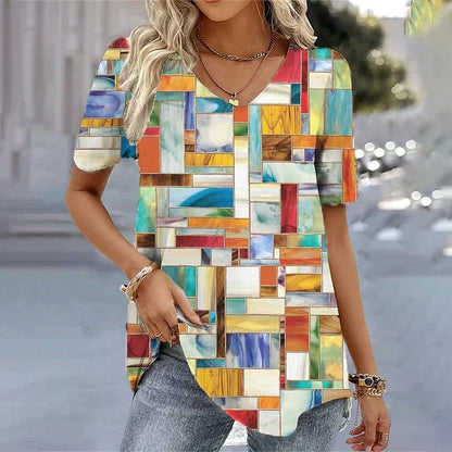 Chrysanthi Floral Top with V-Neck and Short Sleeves