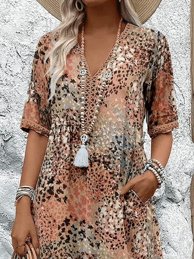 Isambour V-Neck Midi Dress with Three-Quarter Sleeves