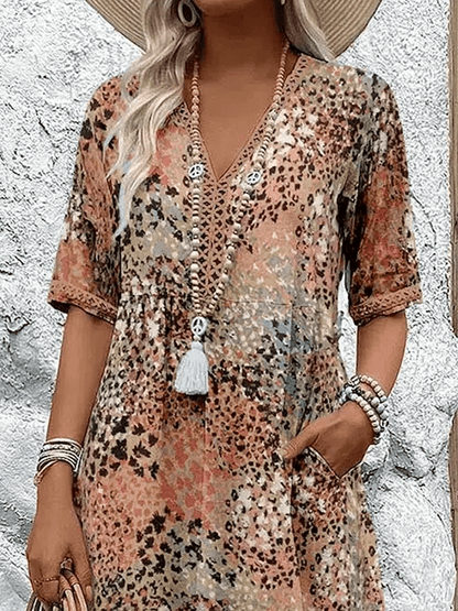 Isambour V-Neck Midi Dress with Three-Quarter Sleeves