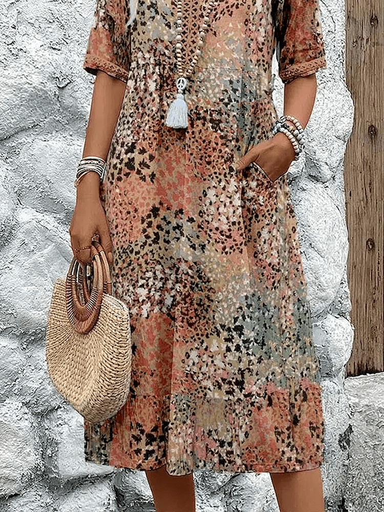 Isambour V-Neck Midi Dress with Three-Quarter Sleeves