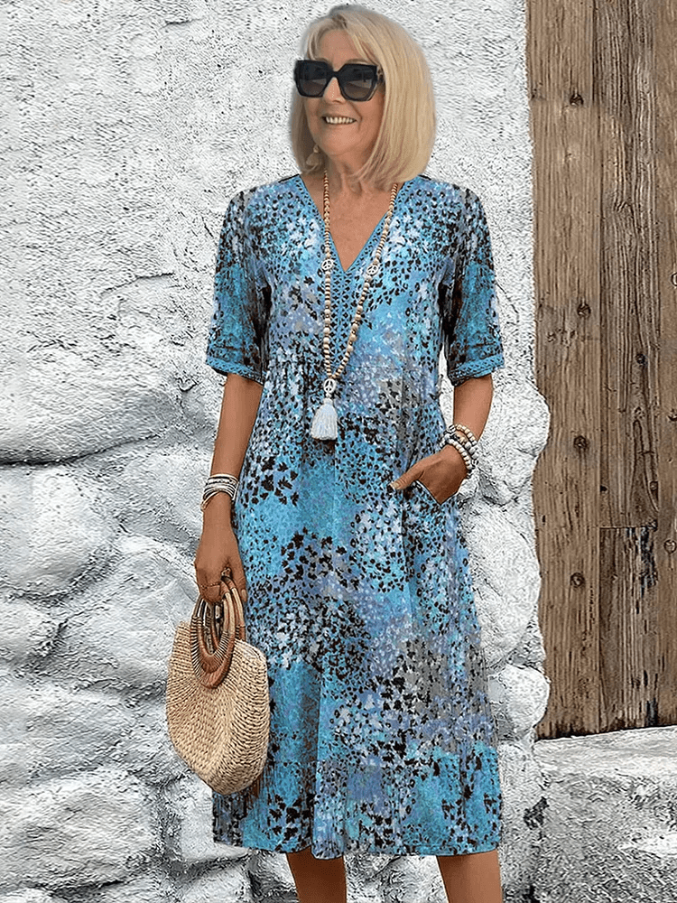Isambour V-Neck Midi Dress with Three-Quarter Sleeves