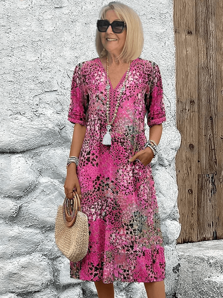 Isambour V-Neck Midi Dress with Three-Quarter Sleeves