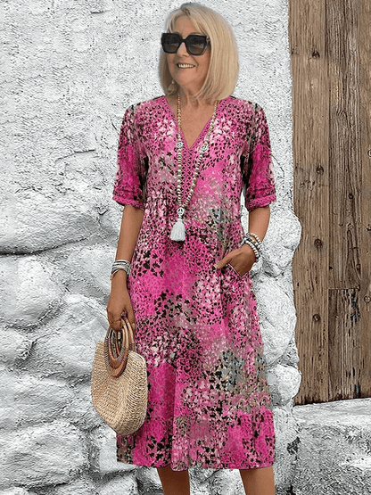 Isambour V-Neck Midi Dress with Three-Quarter Sleeves