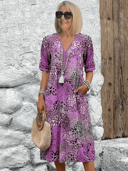 Isambour V-Neck Midi Dress with Three-Quarter Sleeves