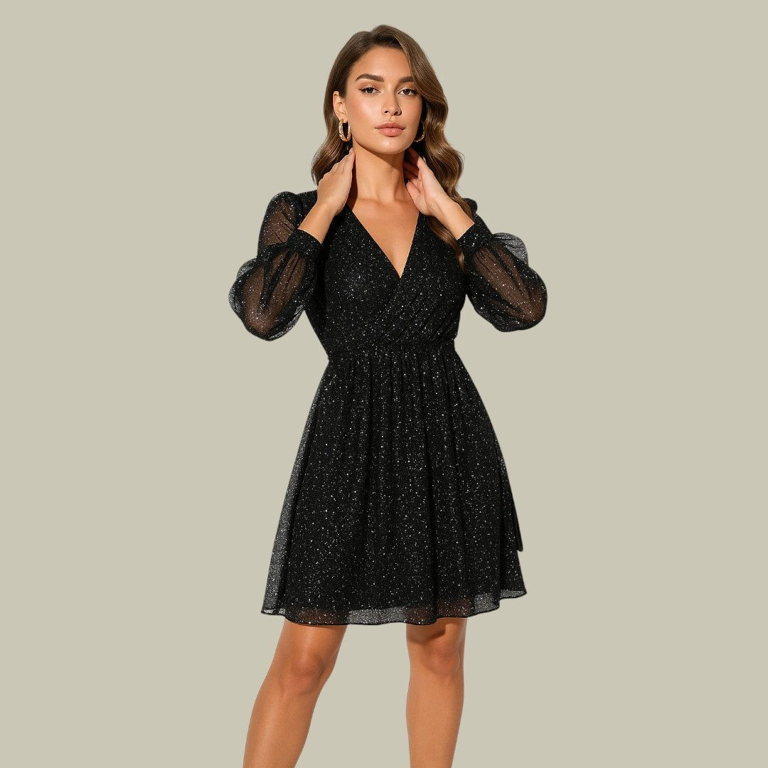 Bertranne Sequin Mini Dress, V-Neck Long Sleeves