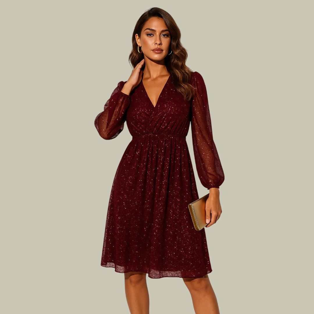 Bertranne Sequin Mini Dress, V-Neck Long Sleeves
