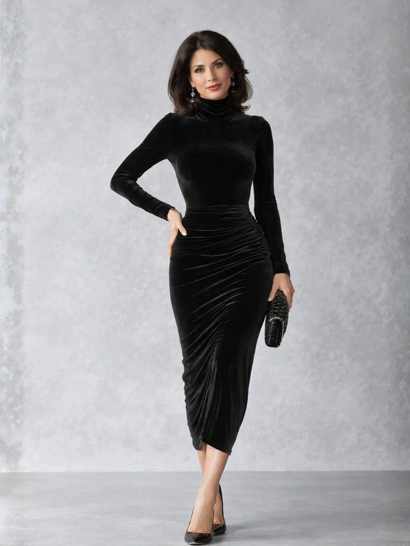 Thierrine Velvet Ruched Midi Dress, High Neck