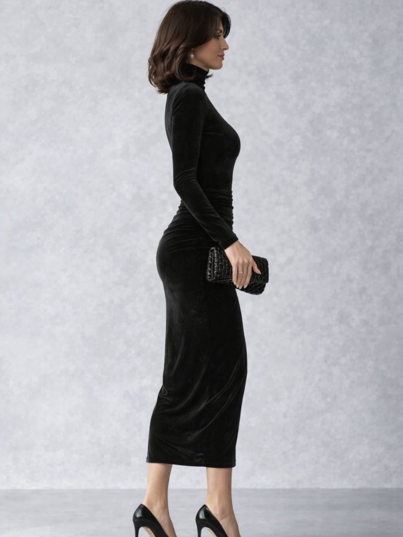 Thierrine Velvet Ruched Midi Dress, High Neck