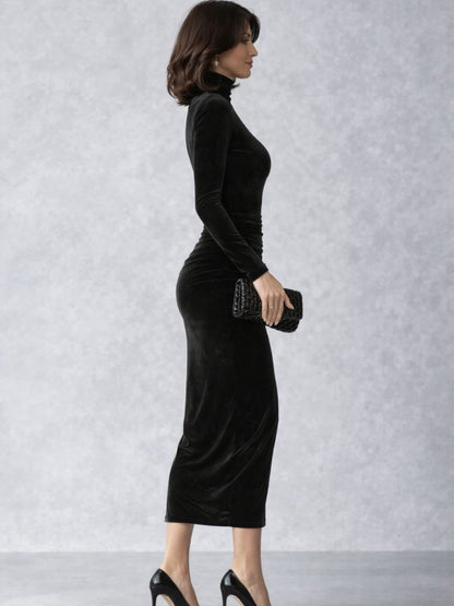 Thierrine Velvet Ruched Midi Dress, High Neck