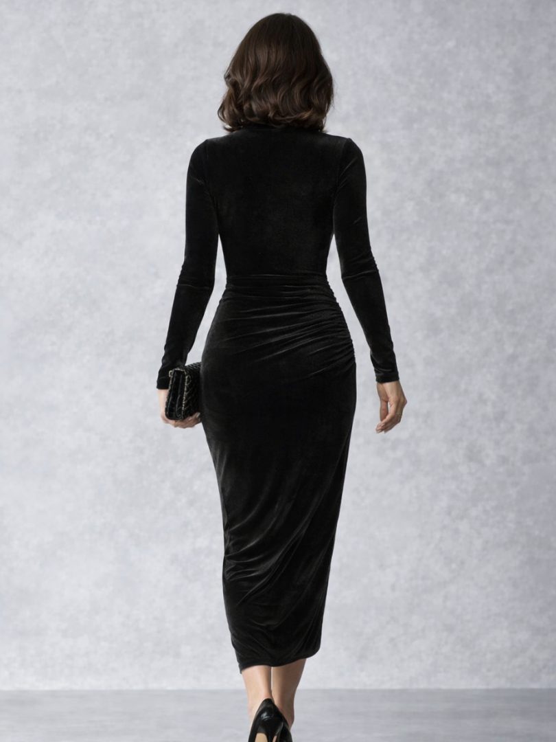 Thierrine Velvet Ruched Midi Dress, High Neck