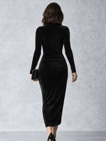 Thierrine Velvet Ruched Midi Dress, High Neck