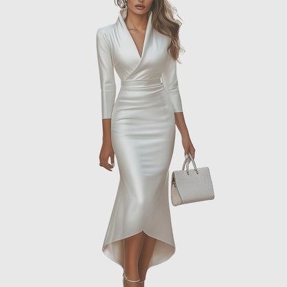 Emmeline Satin High-Low Dress for Weddings, V-Neck