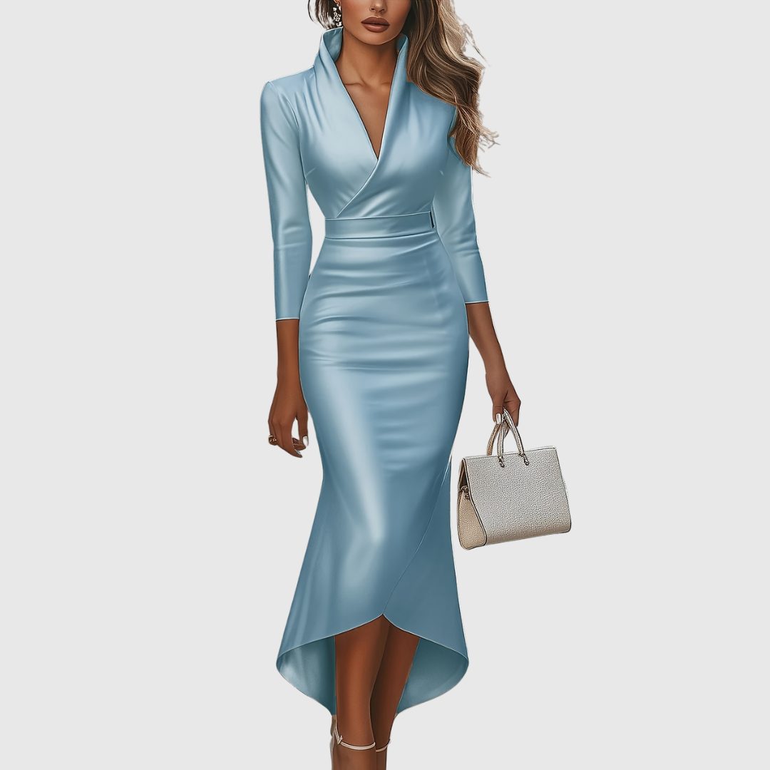 Emmeline Satin High-Low Dress for Weddings, V-Neck