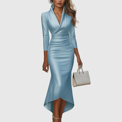Emmeline Satin High-Low Dress for Weddings, V-Neck