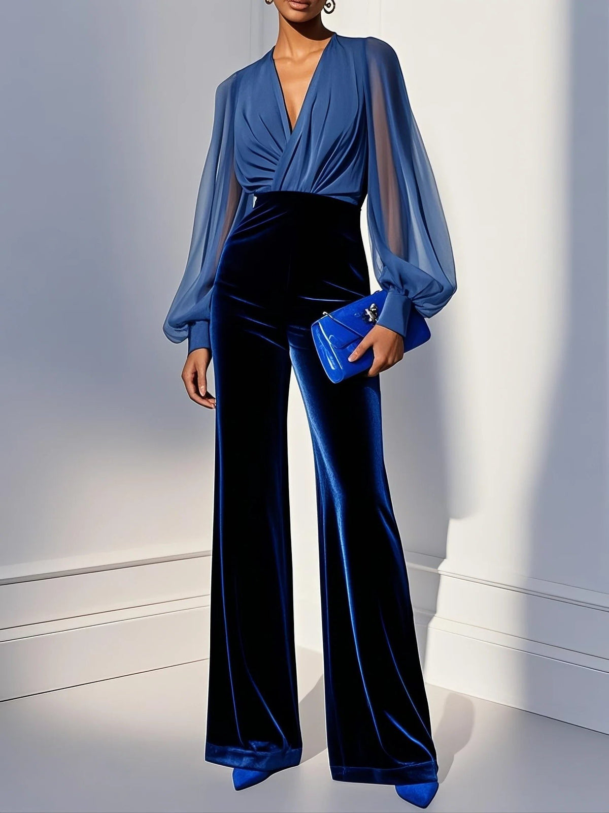 Jehanne Velvet Wide Leg Jumpsuit for Parties, Wrap Top