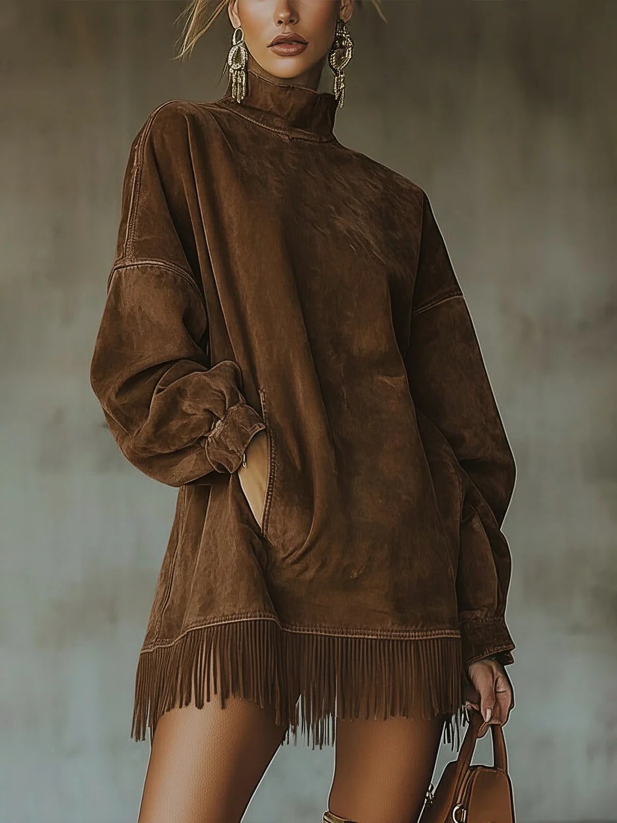 Sedille Oversized Sweater Dress with Fringe Hem