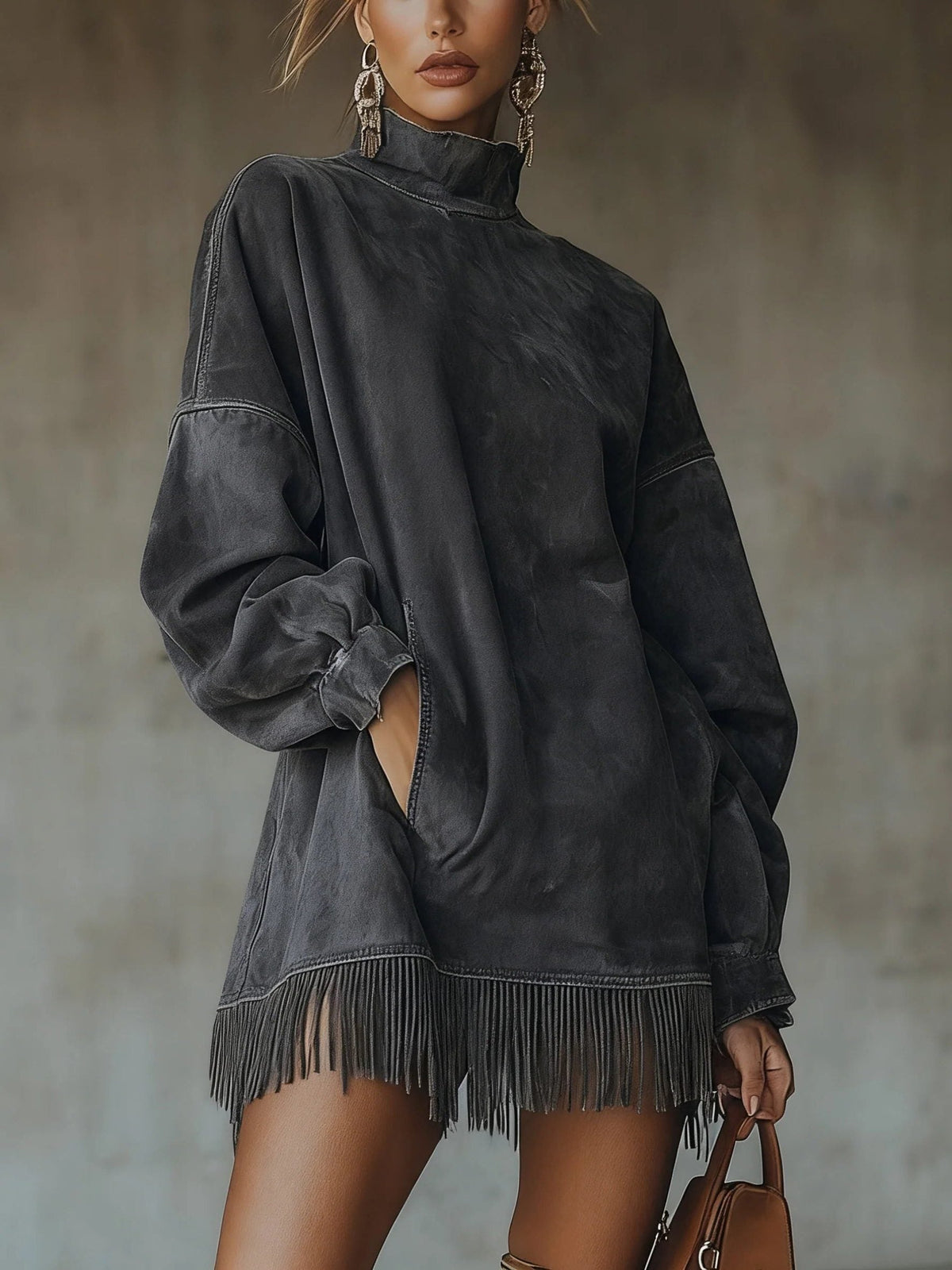 Sedille Oversized Sweater Dress with Fringe Hem