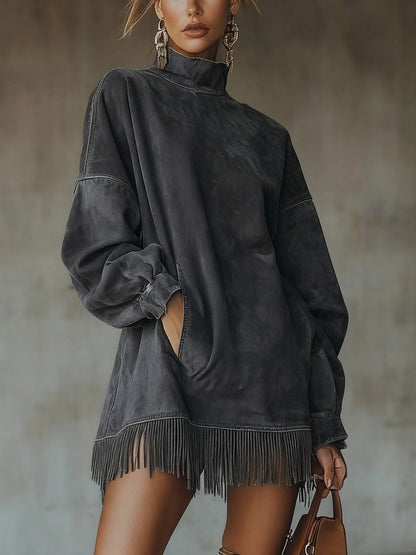 Sedille Oversized Sweater Dress with Fringe Hem