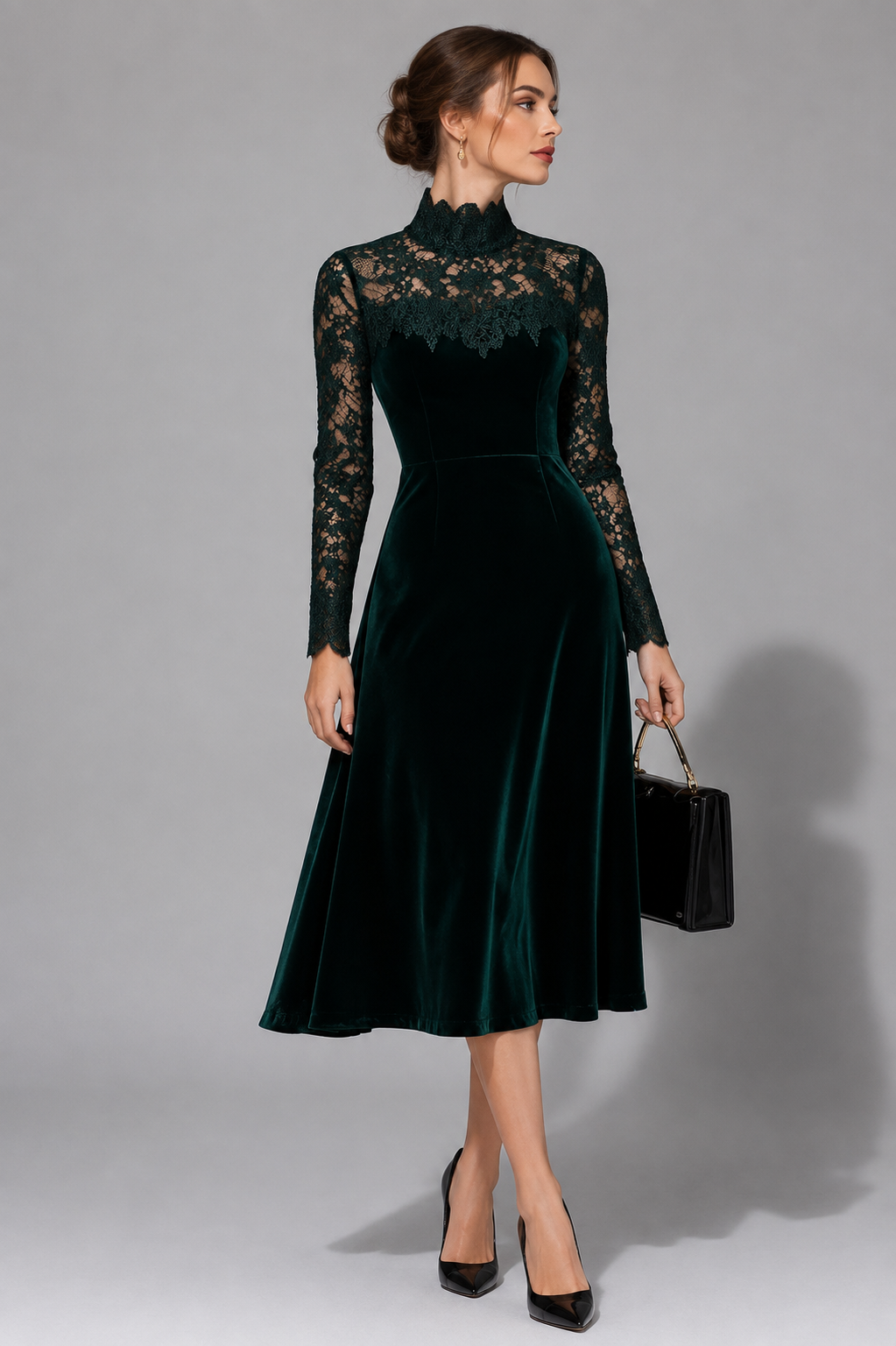 Sigilde Lace Midi Dress for Autumn Weddings, Turtleneck