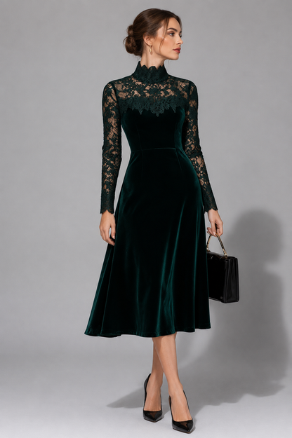 Sigilde Lace Midi Dress for Autumn Weddings, Turtleneck