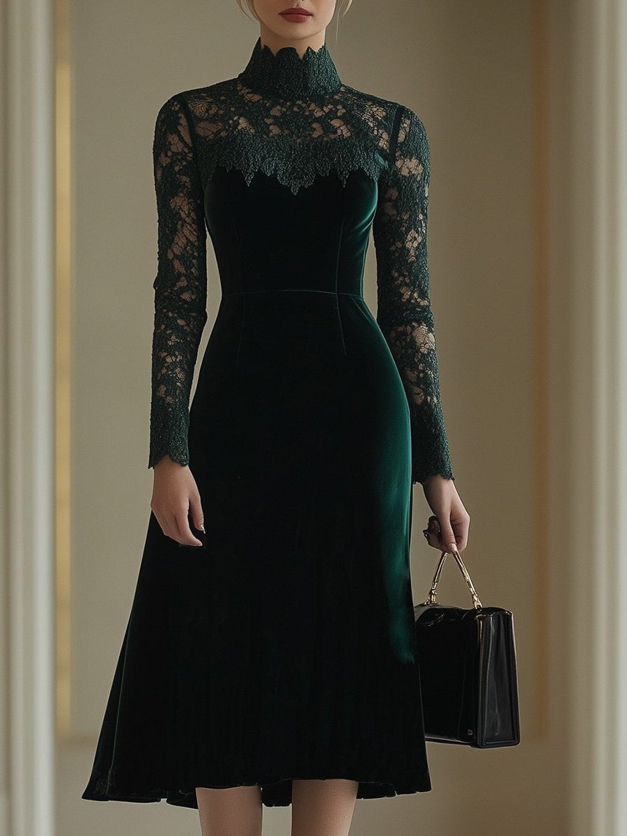 Sigilde Lace Midi Dress for Autumn Weddings, Turtleneck