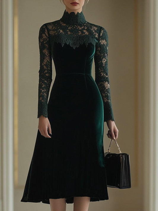 Sigilde Lace Midi Dress for Autumn Weddings, Turtleneck